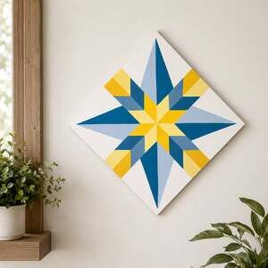 Hand-Painted Wood Barn Quilt Wall Art, Geometric Starburst Pattern in Blue and Y
